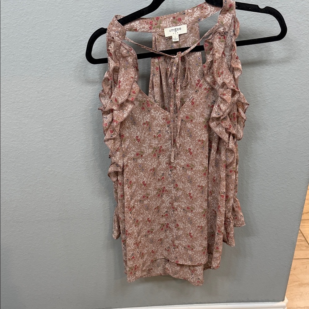 Umgee Women's Floral Ruffle Blouse - Pink and Brown